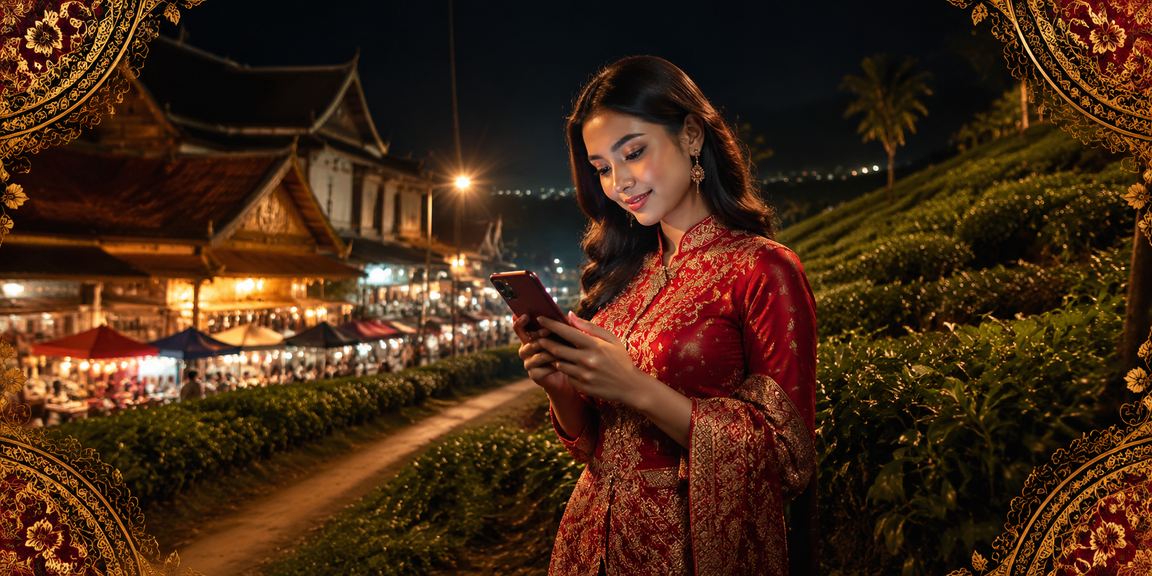 Pengguna menggunakan aplikasi mudah alih kasino dalam talian dengan motif batik Kota Bharu